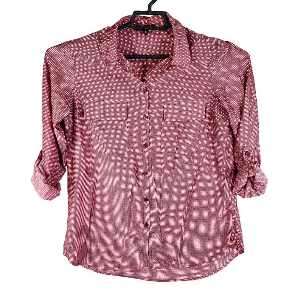 Womens Express Red Polka Dot Blouse Top Button-Up Roll Tab Sleeve Size M